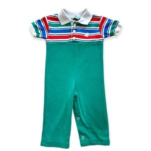 VINTAGE Jumper Romper Healthtex Green Stripe Overalls Primary Colors Streetwear